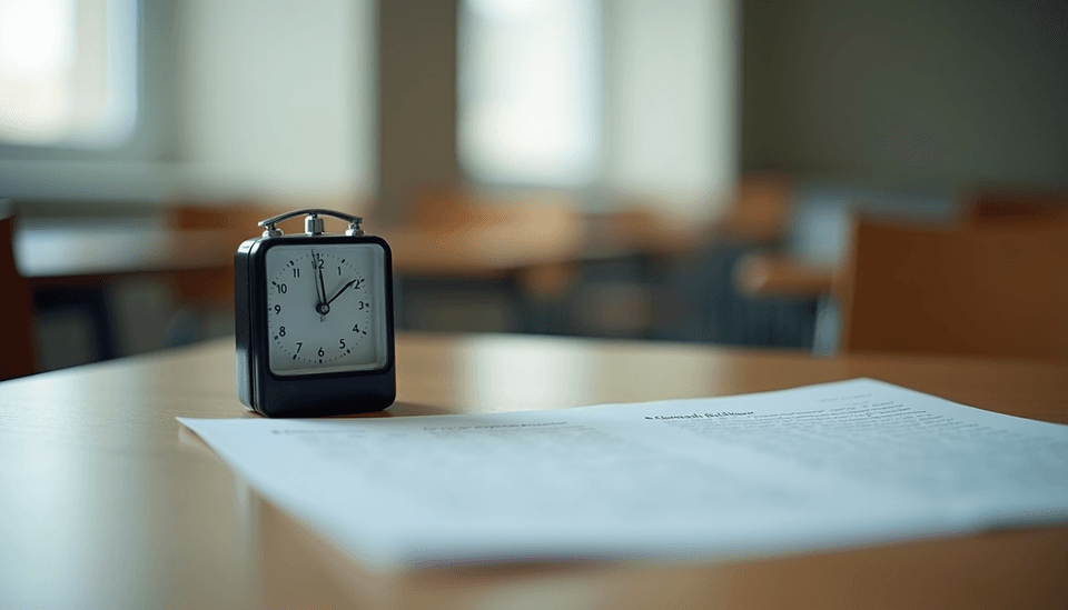 Eye-level view of a student’s desk with test papers and a timer