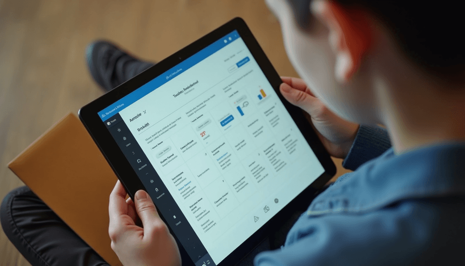 High angle view of a student using a tablet with educational apps for test prep