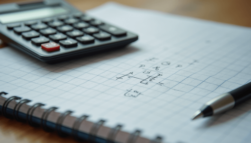 High angle view of a calculator and notebook with math problems