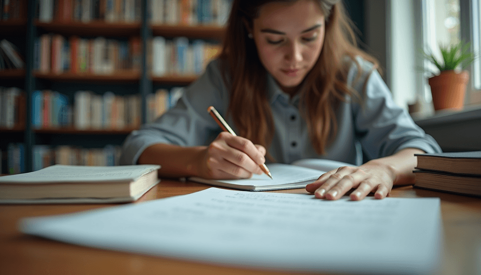 Eye-level view of a student studying with books and notes on a desk
