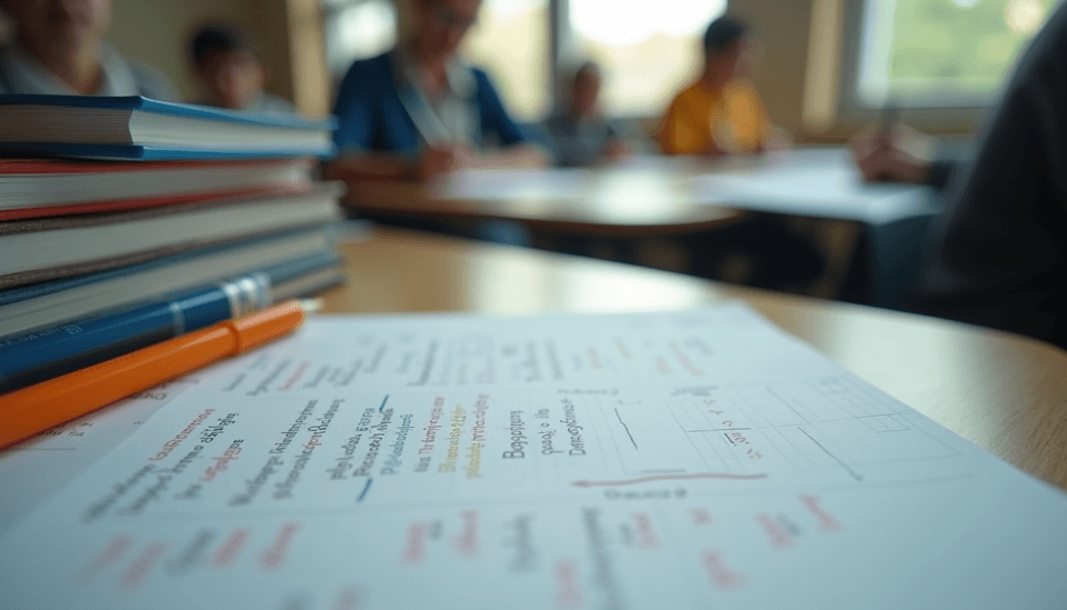 Eye-level view of a student’s desk with math books and notes